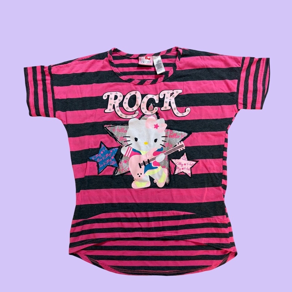 Y2K Hello Kitty Rock Graphic Tee Pink Striped High Low Shirt Scene #18